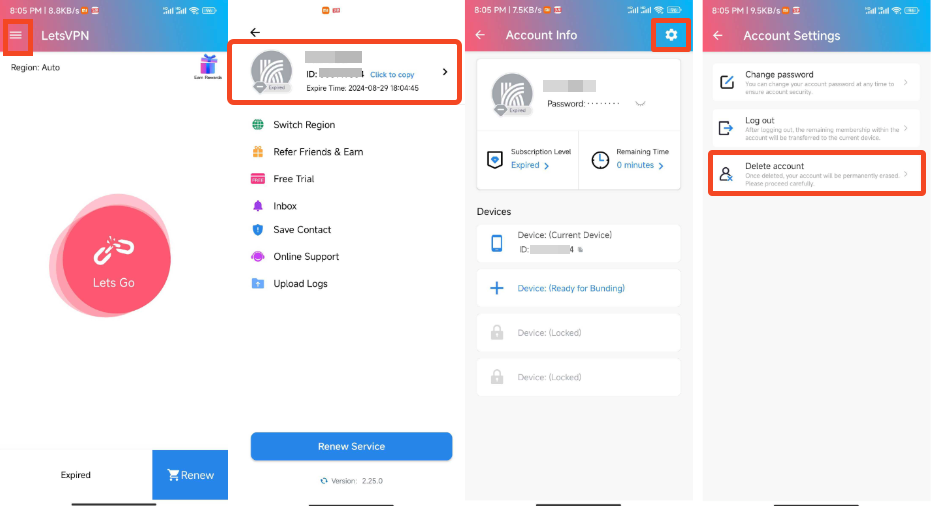 Delete account on Android